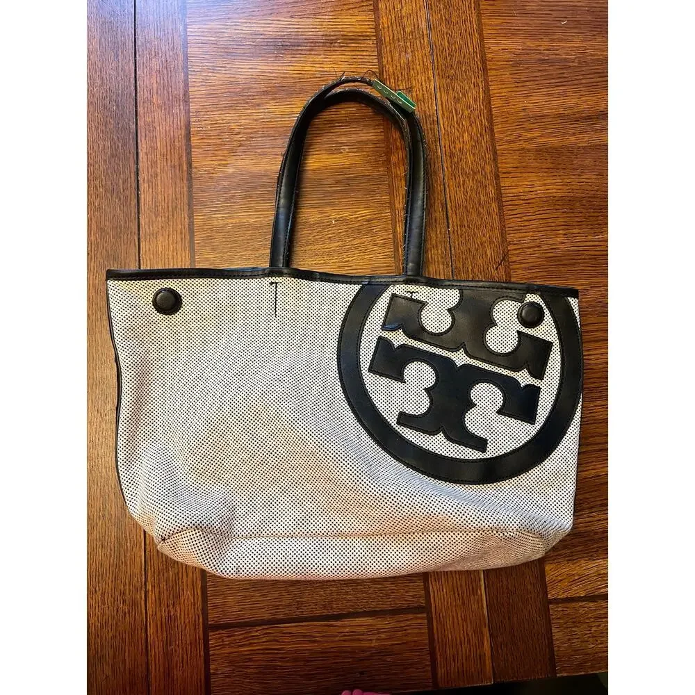 Tory Burch Lonnie Large Perforated Canvas Mesh Logo Tote Bag White Black